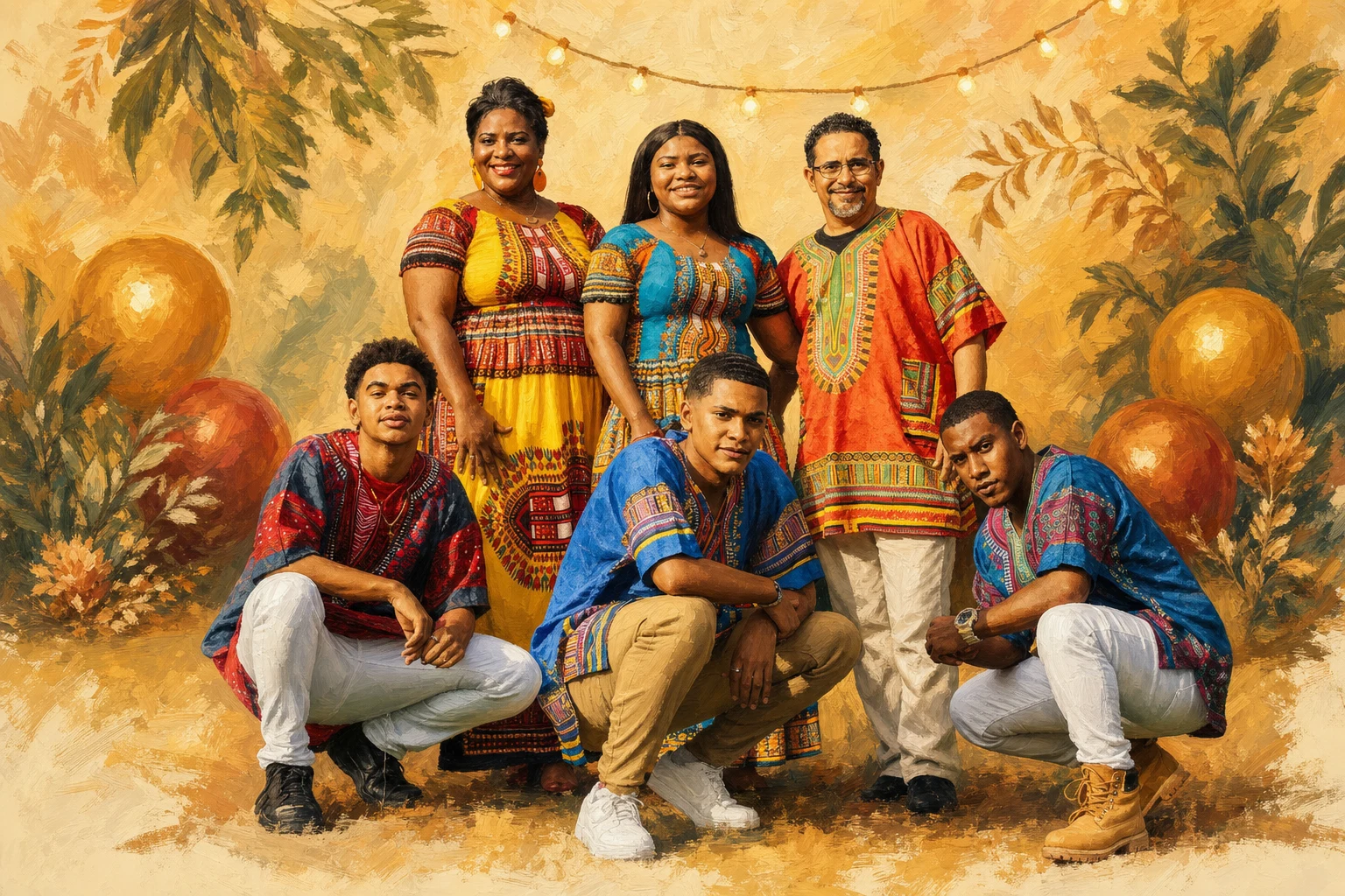 Celebration Storybook portrait made from large family group wearing traditional clothing