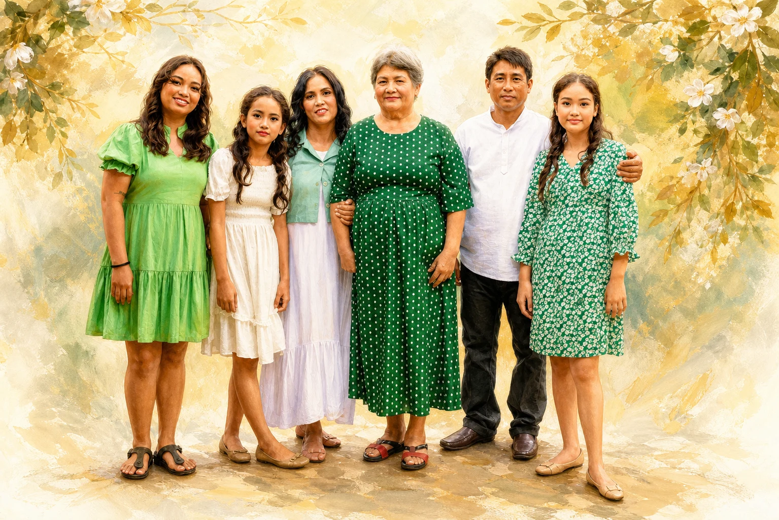 Celebration Storybook portrait made from six-person multigenerational family portrait