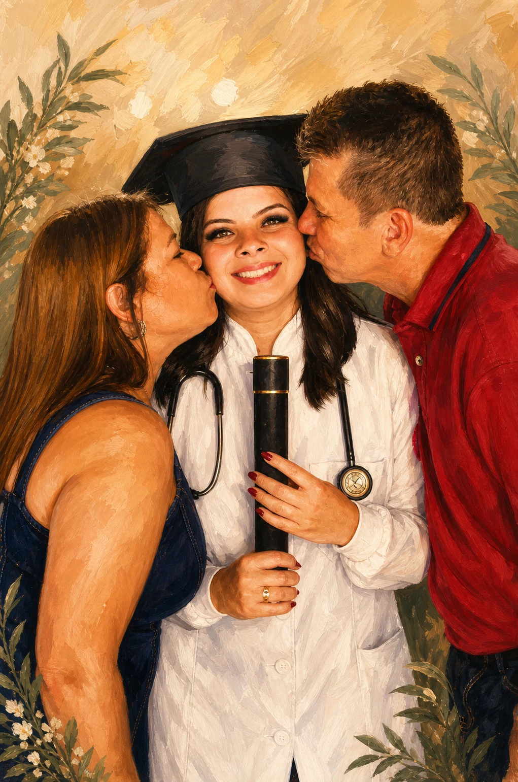 Celebration Storybook portrait made from doctor graduate being kissed by proud parents
