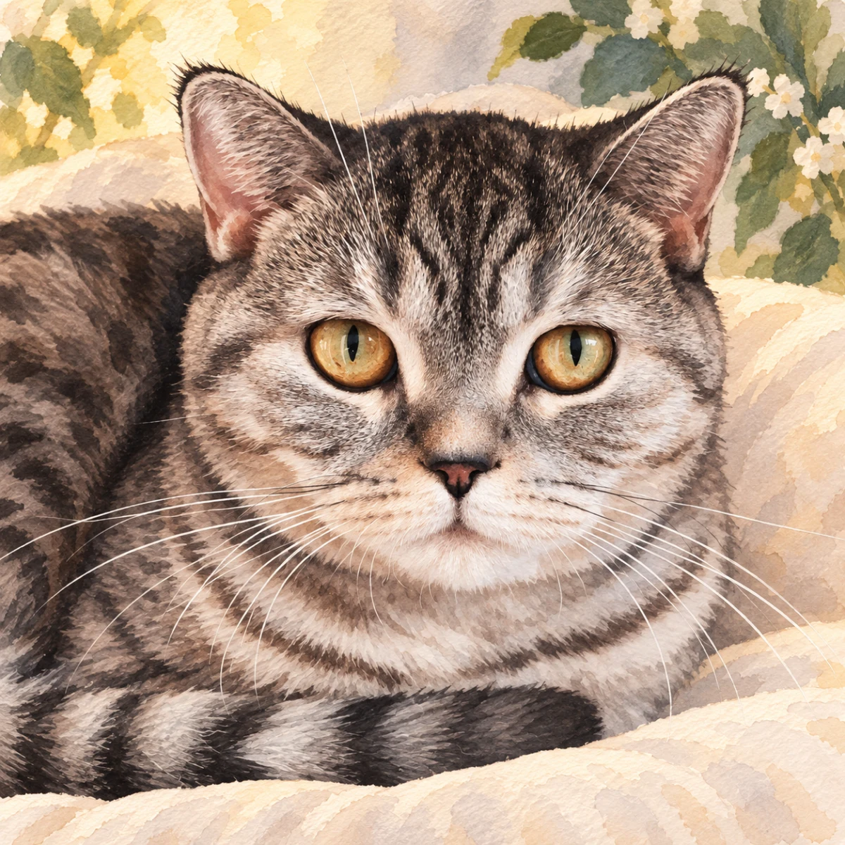 Celebration Storybook portrait made from tabby cat resting on a sofa at home