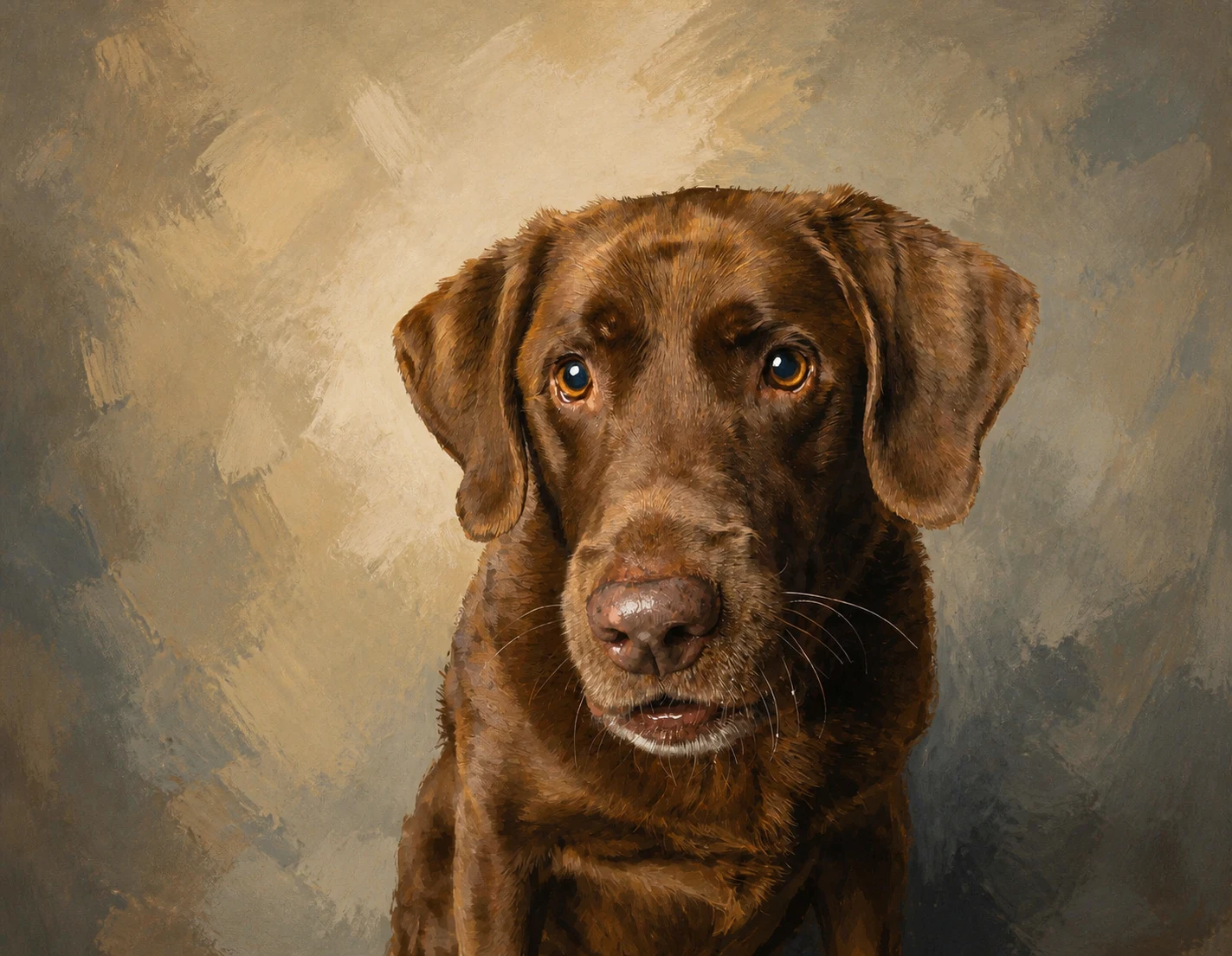 Modern Editorial portrait made from chocolate labrador close-up studio portrait