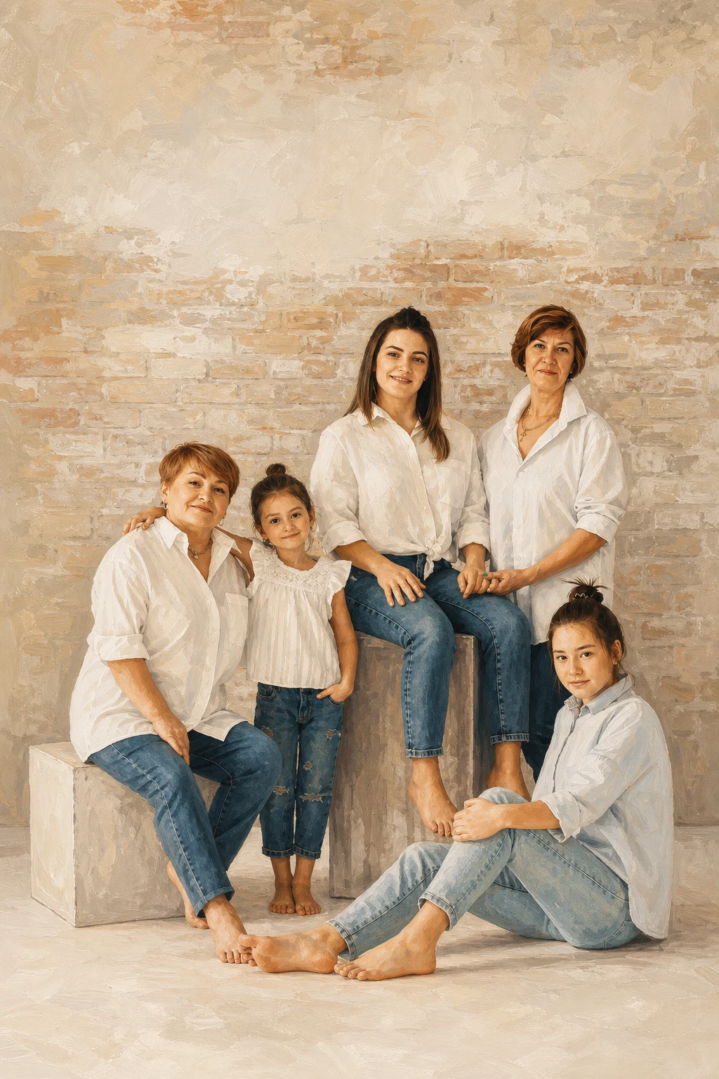 Modern Editorial portrait made from four generations of women together