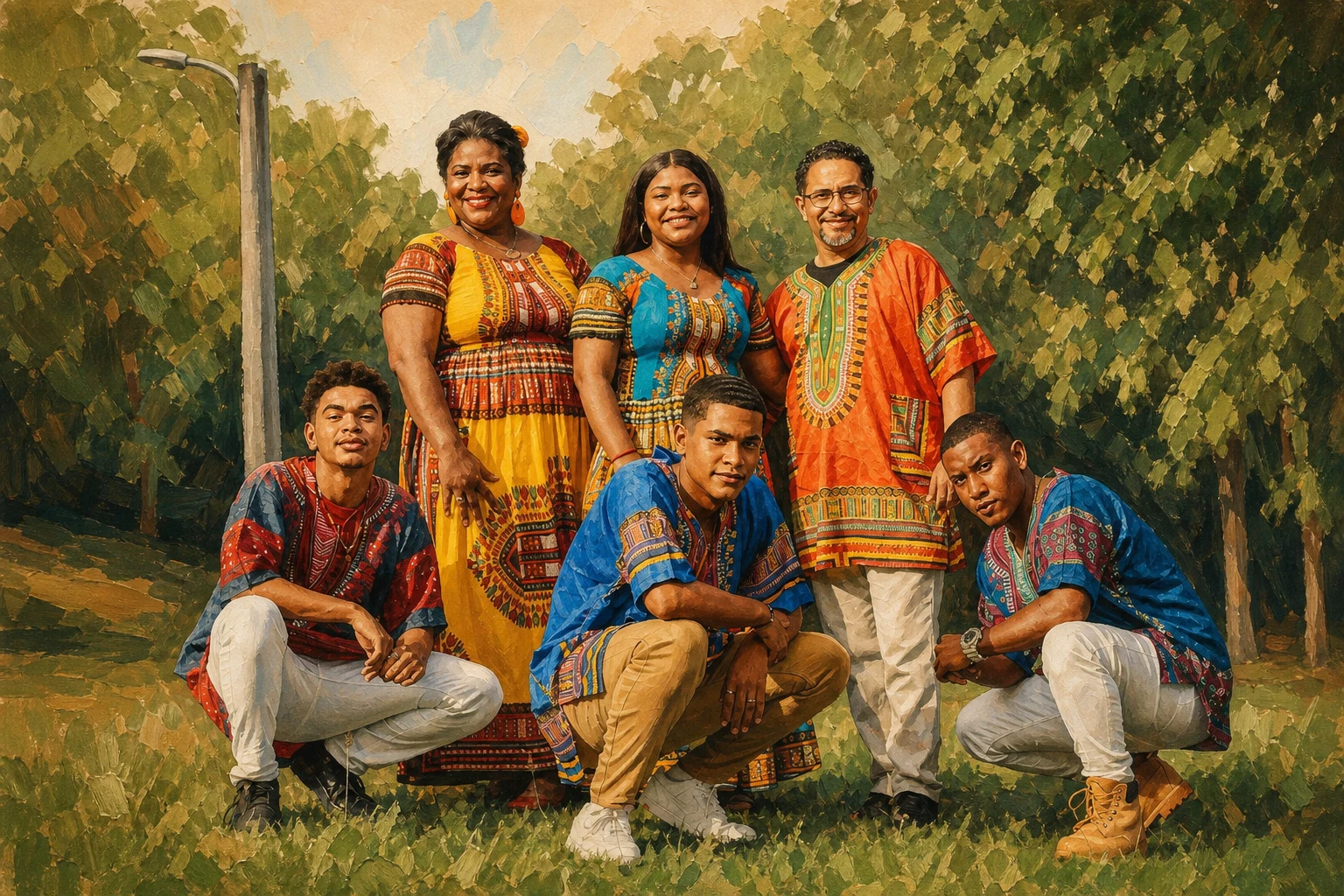 Modern Editorial portrait made from large family group wearing traditional clothing