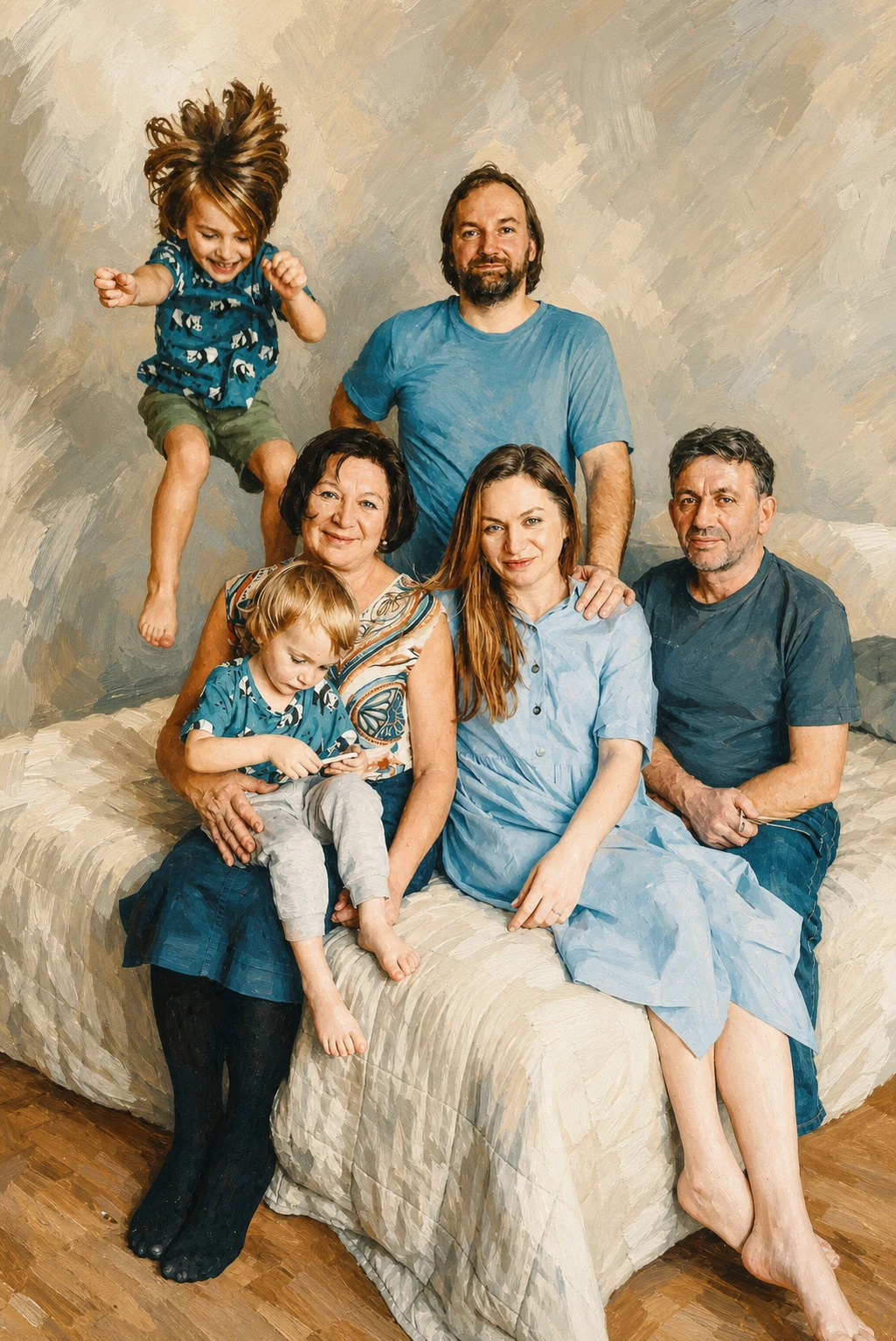 Modern Editorial portrait made from large family relaxing together at home