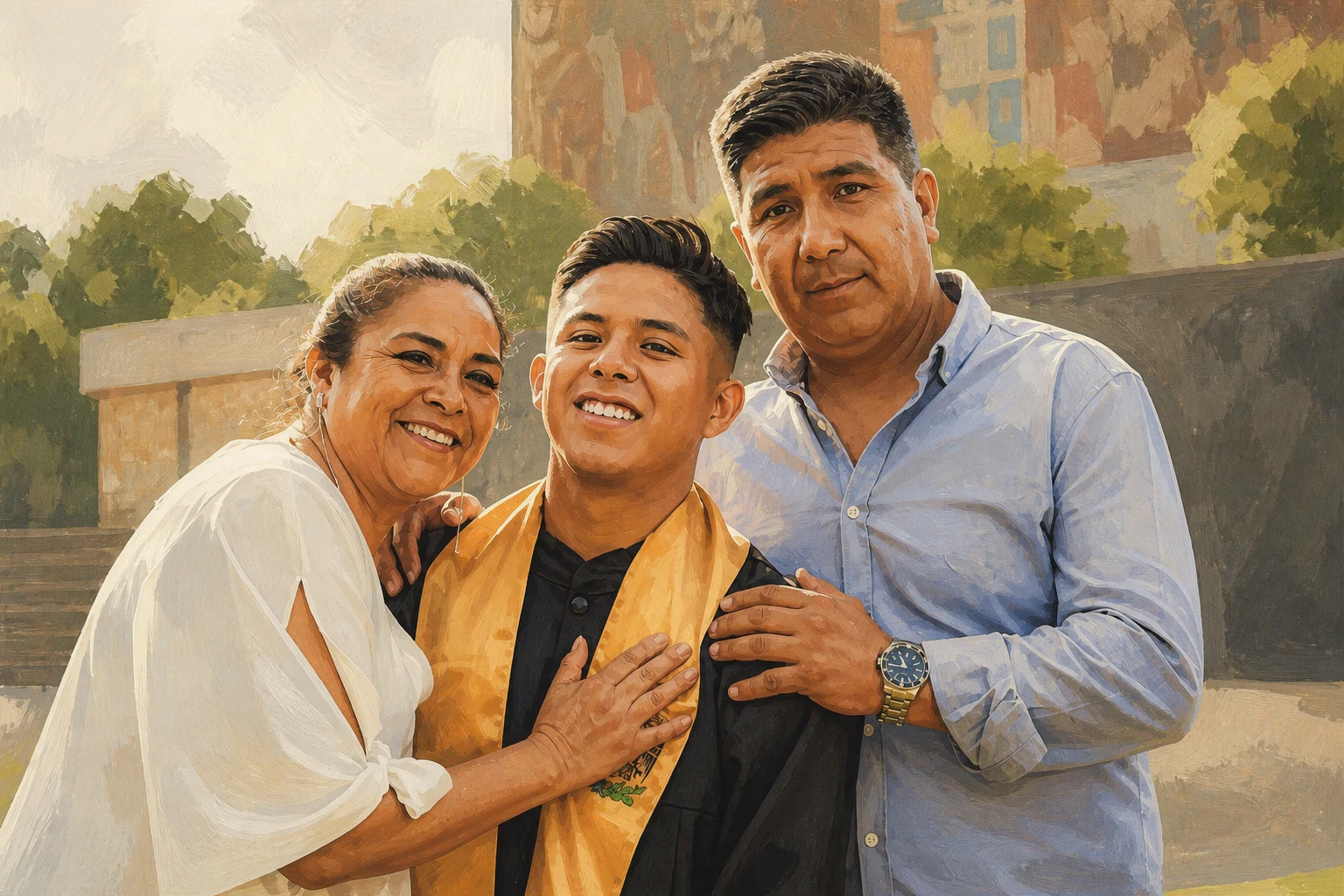 Modern Editorial portrait made from graduate embraced by both parents