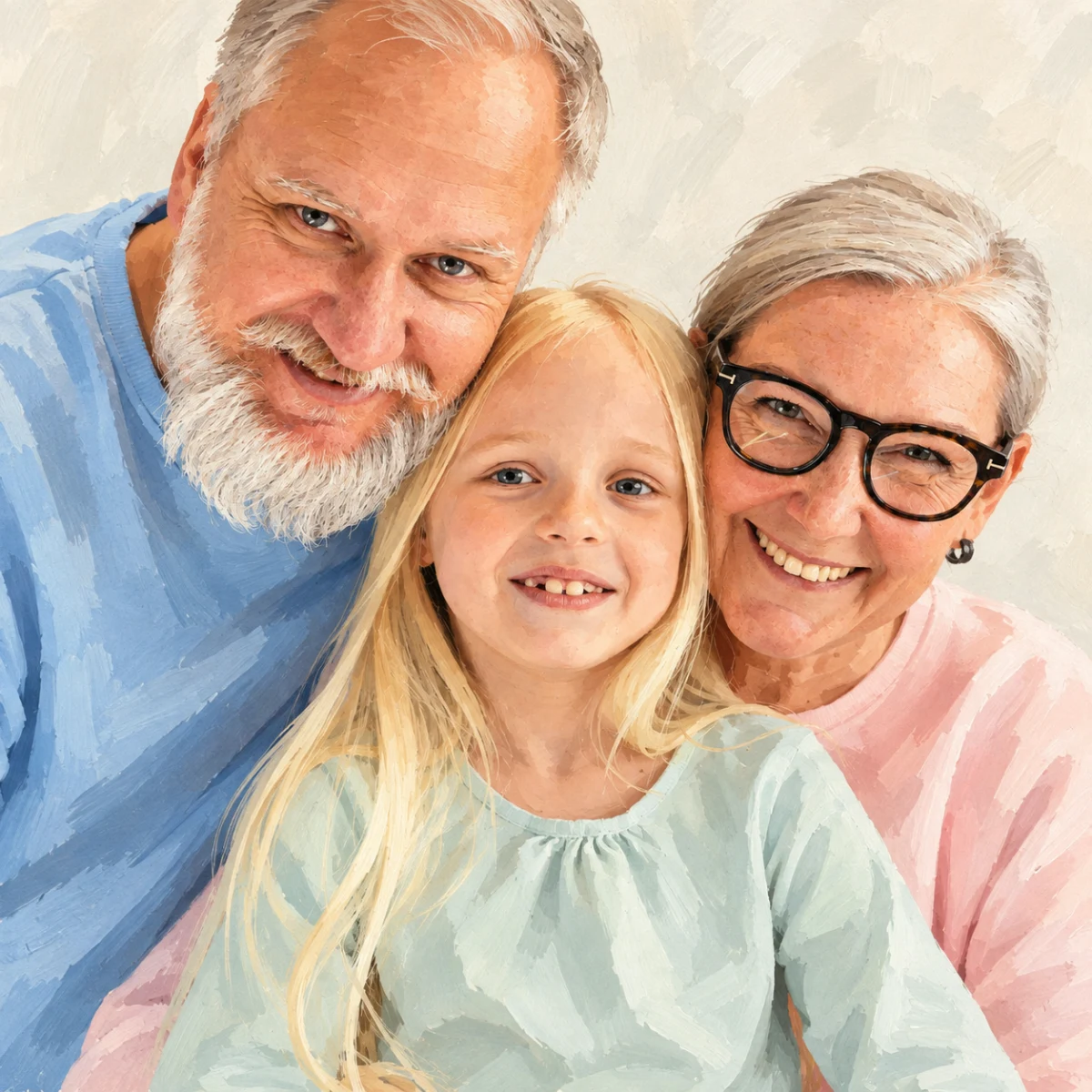 Modern Editorial portrait made from grandparents smiling with their granddaughter at home