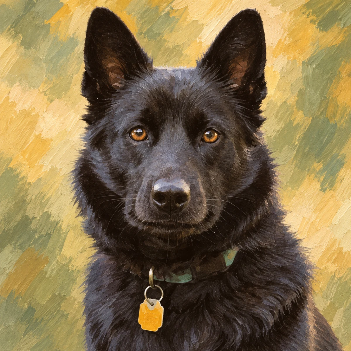 Modern Editorial portrait made from black dog sitting in a sunlit garden