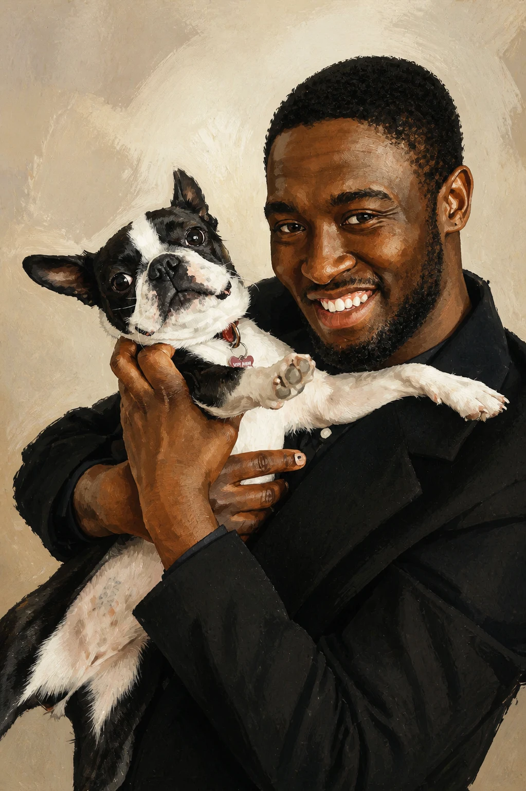 Modern Editorial portrait made from man hugging his boston terrier