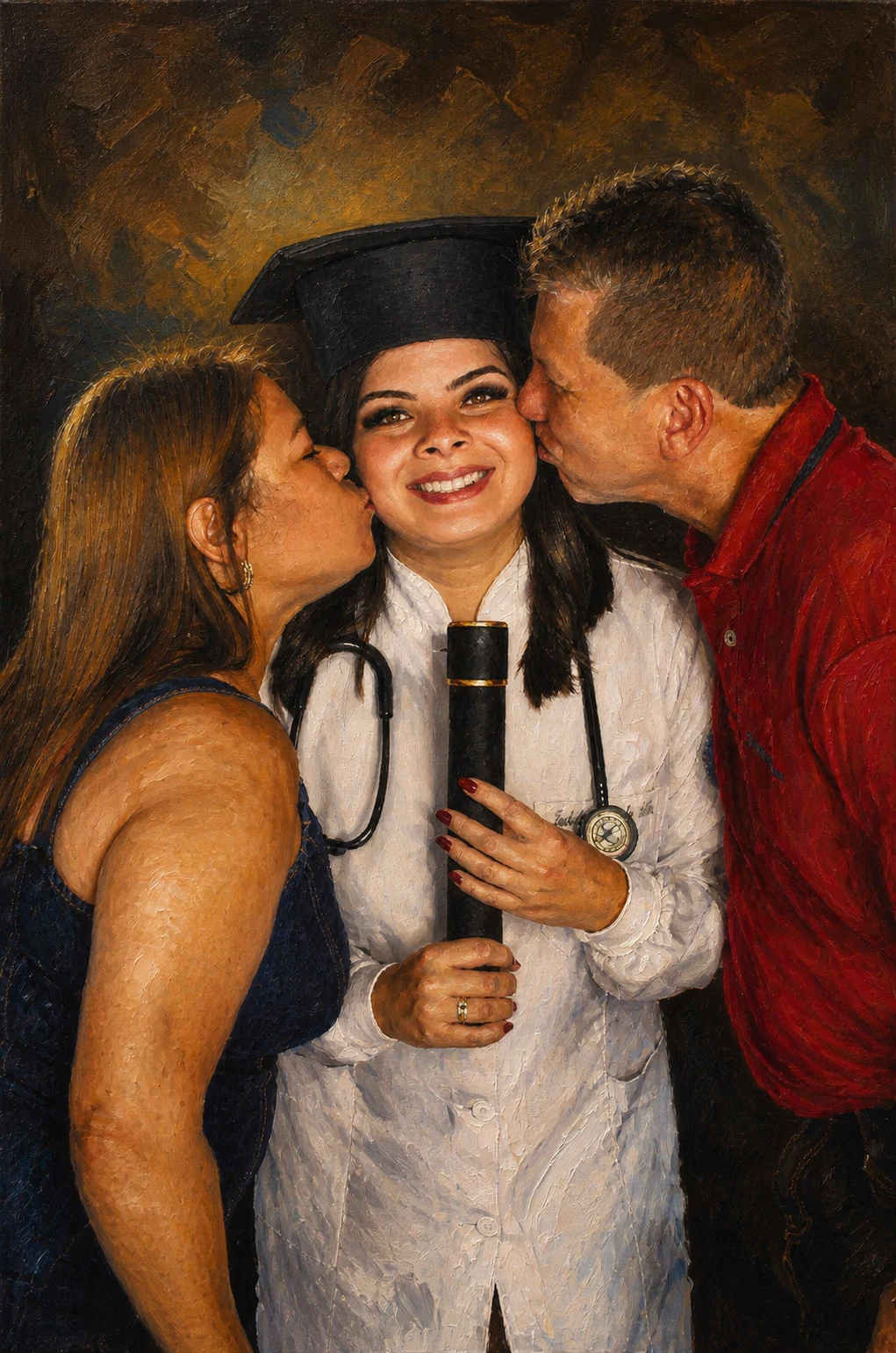 Museum Oil portrait made from doctor graduate being kissed by proud parents