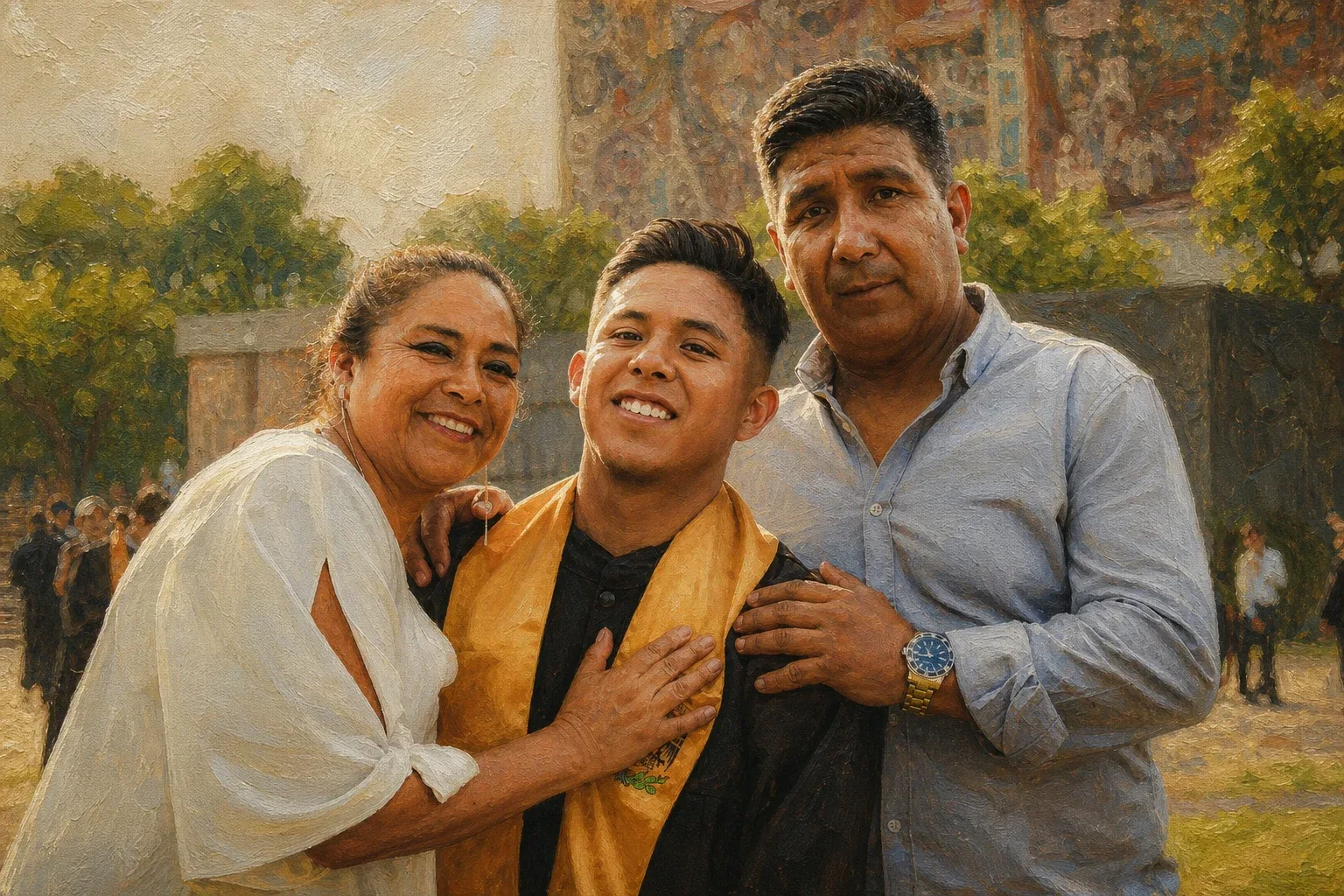 Museum Oil portrait made from graduate embraced by both parents