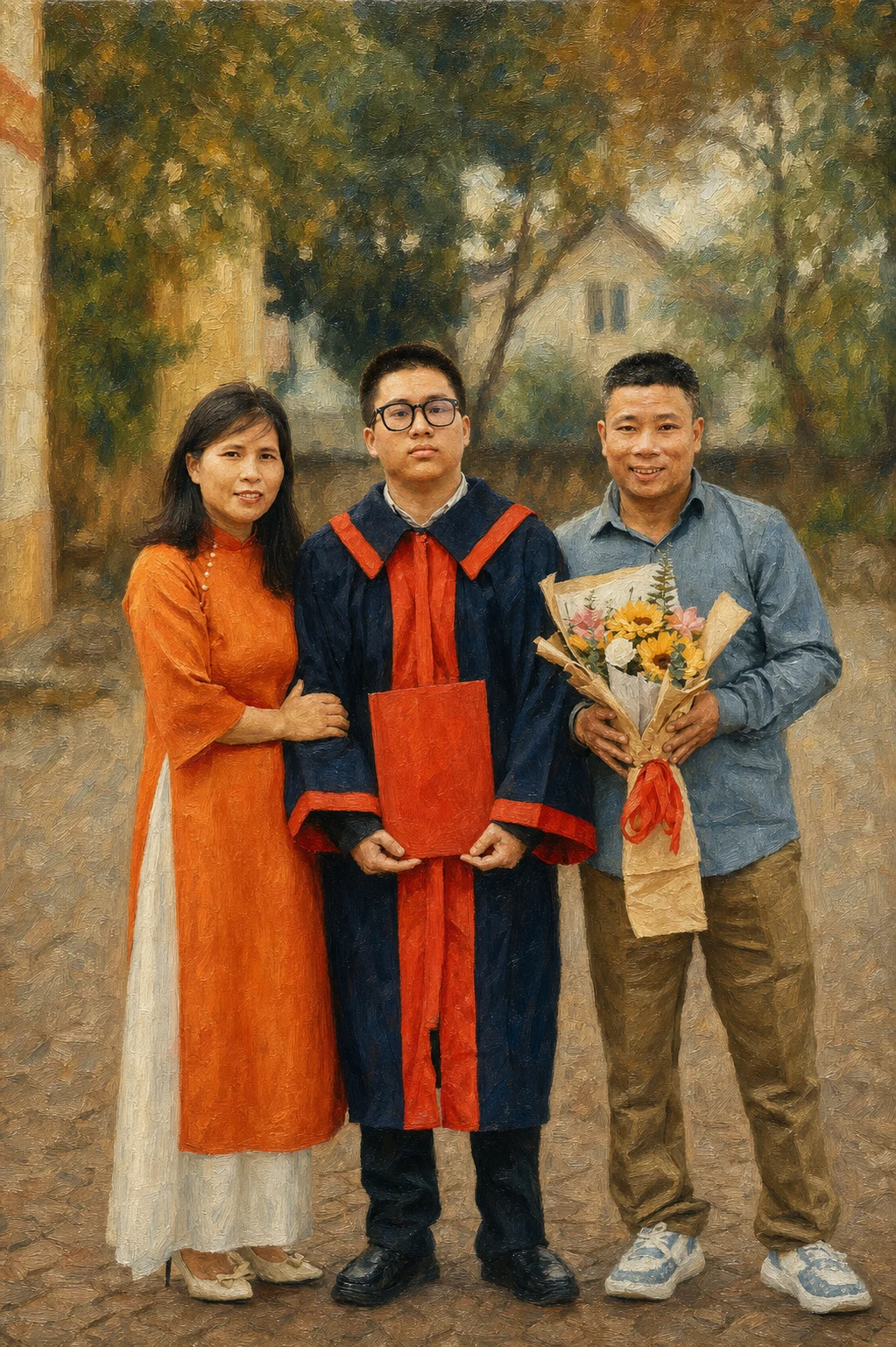Museum Oil portrait made from high-school graduate celebrating with family