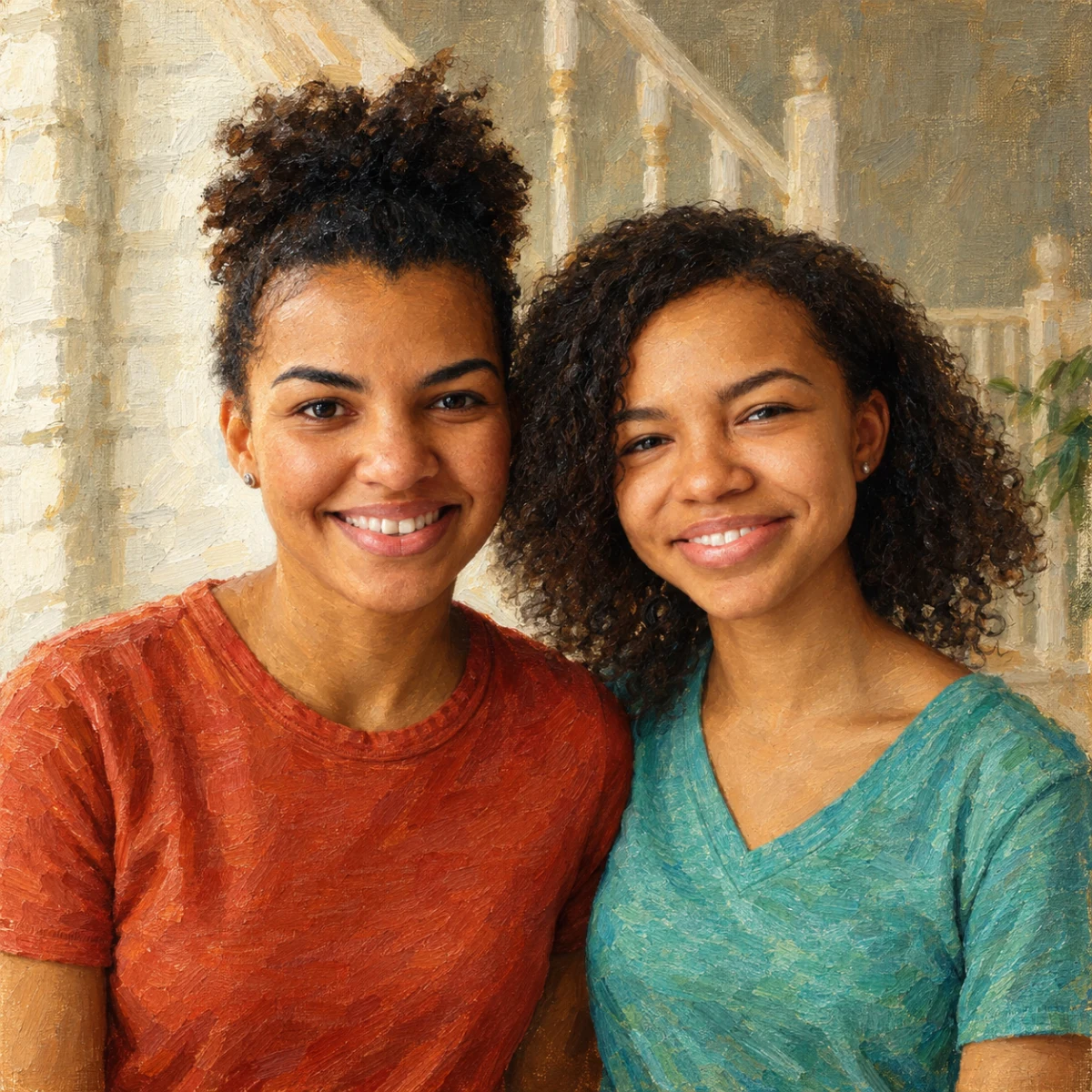 Museum Oil portrait made from mother and daughter smiling together at home