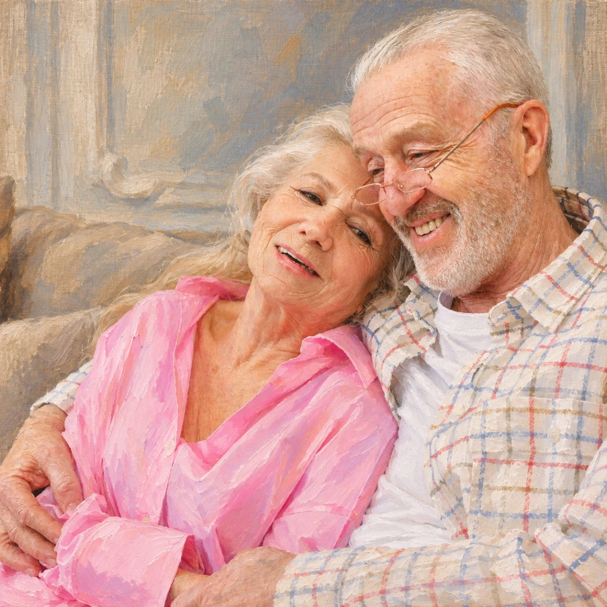 Museum Oil portrait made from older couple relaxing together at home