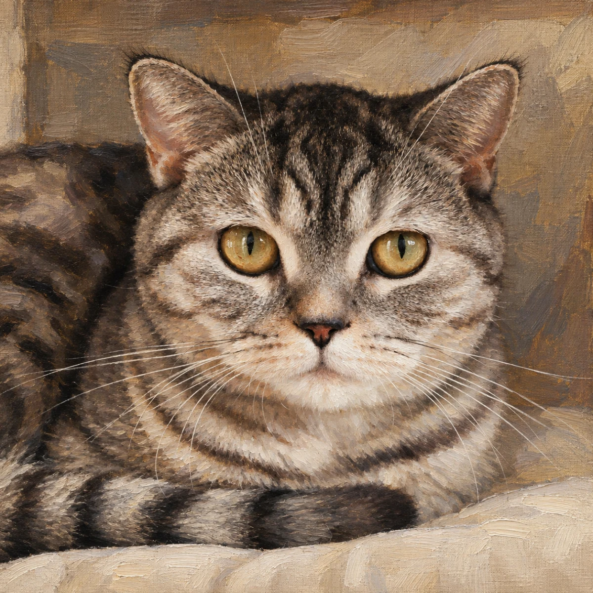 Museum Oil portrait made from tabby cat resting on a sofa at home