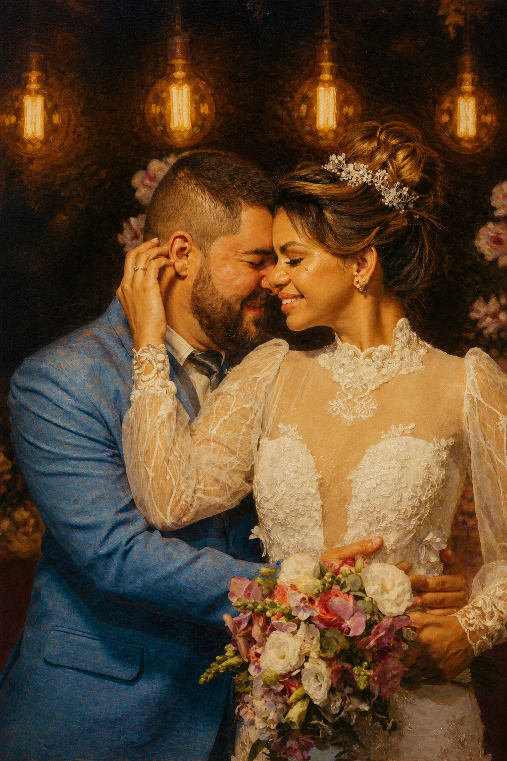 Museum Oil portrait made from newlywed couple sharing an intimate moment
