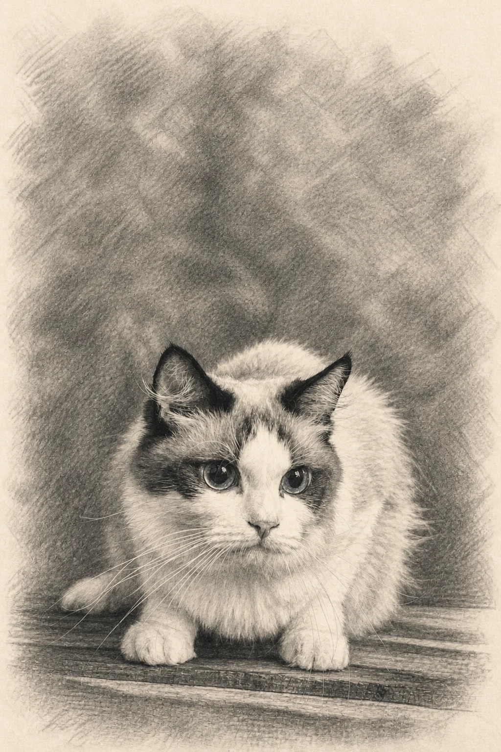 Pencil Sketch portrait made from blue-eyed ragdoll cat studio portrait
