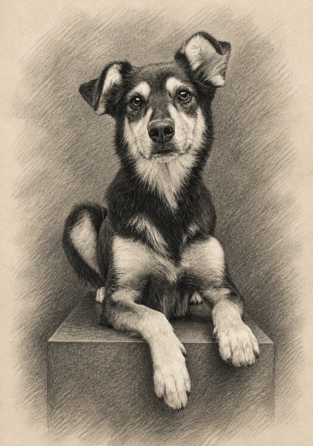 Pencil Keepsake portrait made from black-and-tan dog in a studio portrait