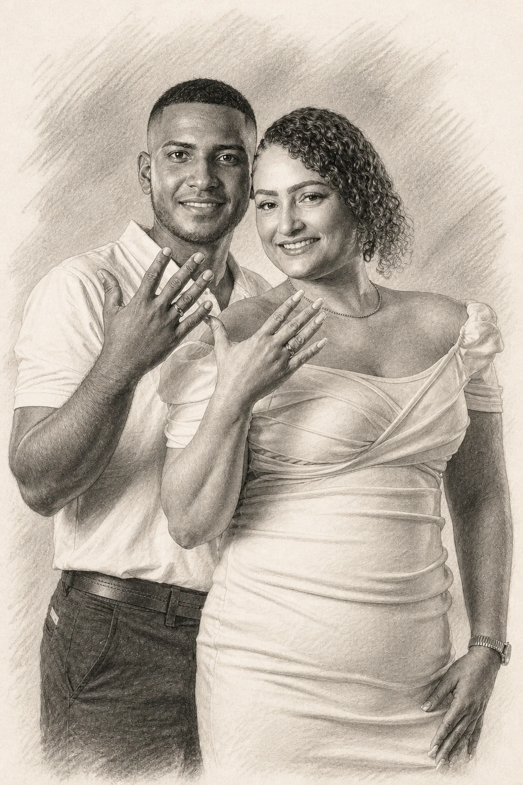 Pencil Keepsake portrait made from engaged couple celebrating in elegant attire