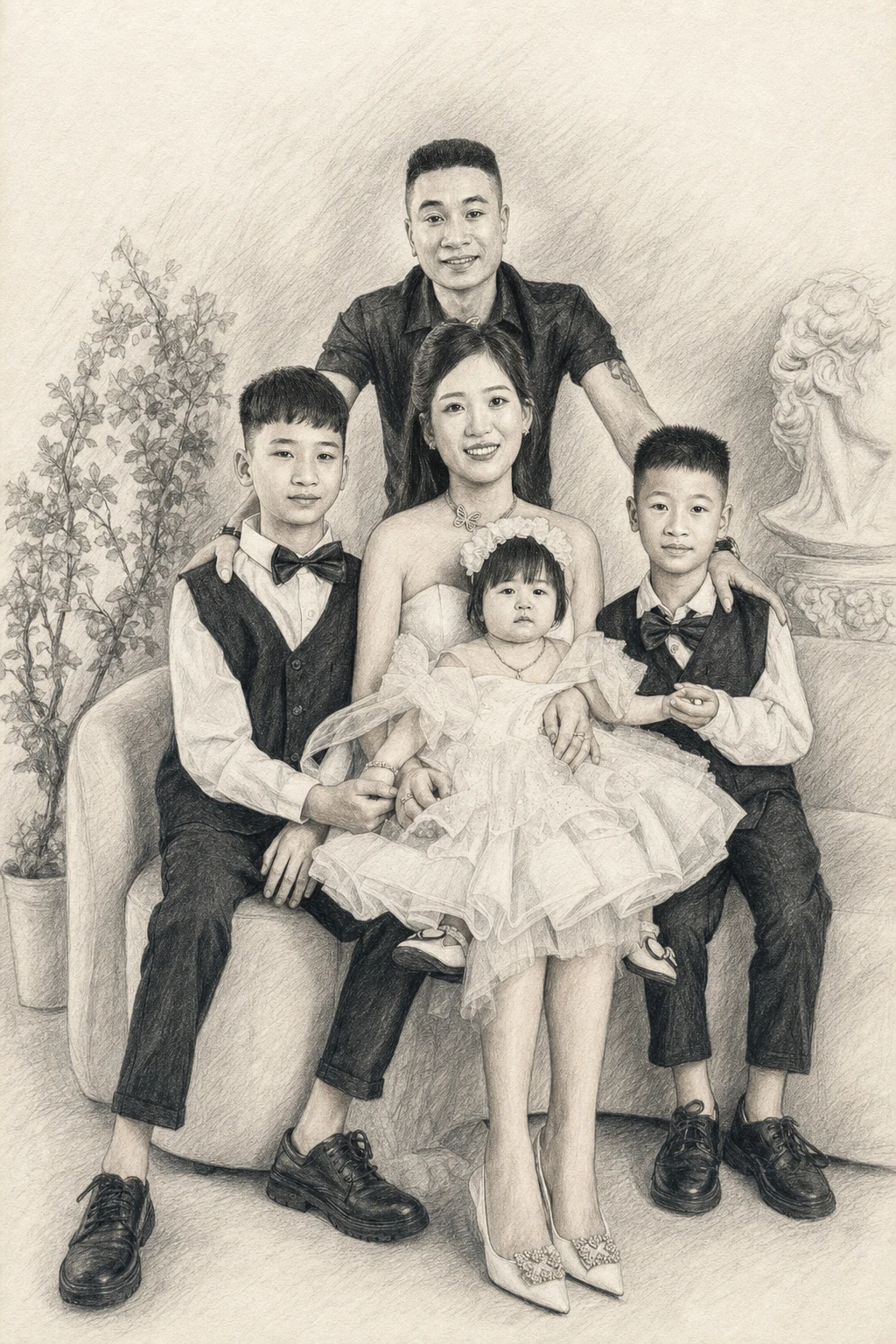 Pencil Keepsake portrait made from formal family portrait with five people