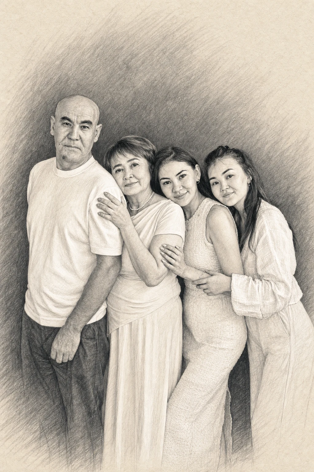 Pencil Keepsake portrait made from multigenerational family portrait with four people