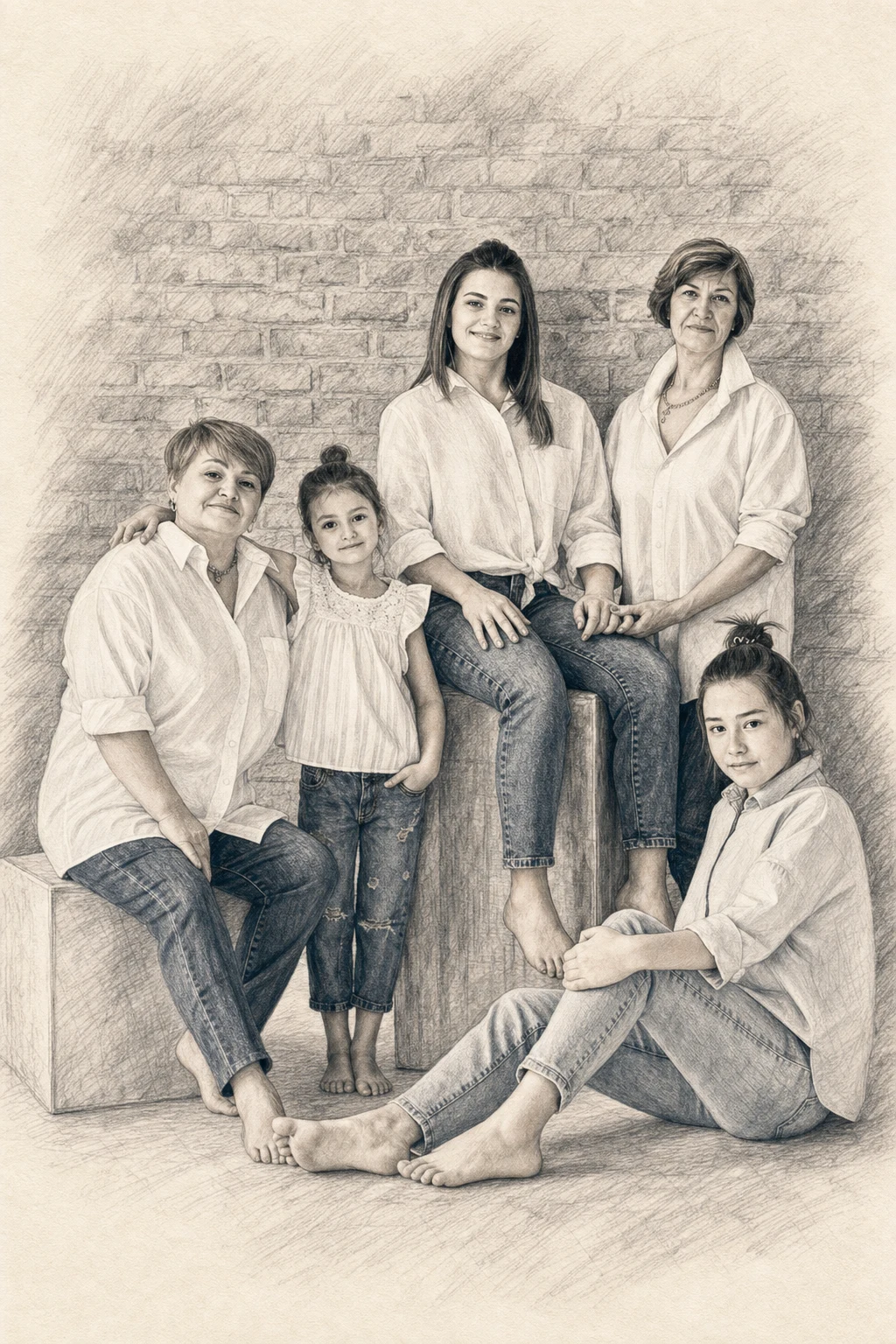 Pencil Keepsake portrait made from four generations of women together