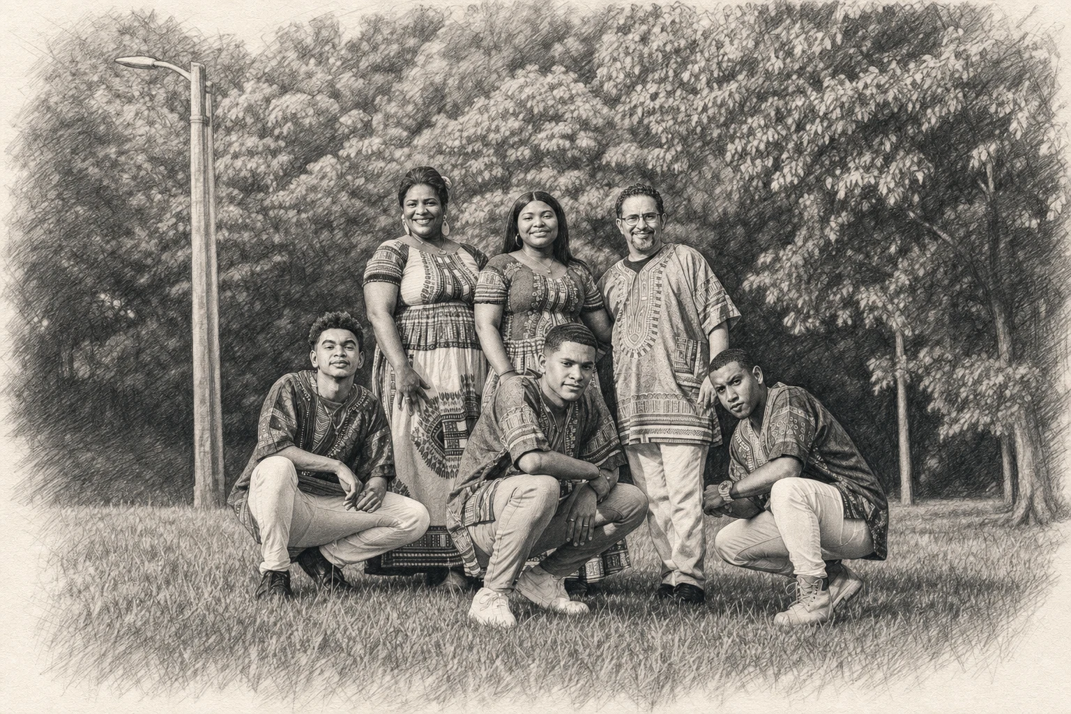 Pencil Keepsake portrait made from large family group wearing traditional clothing