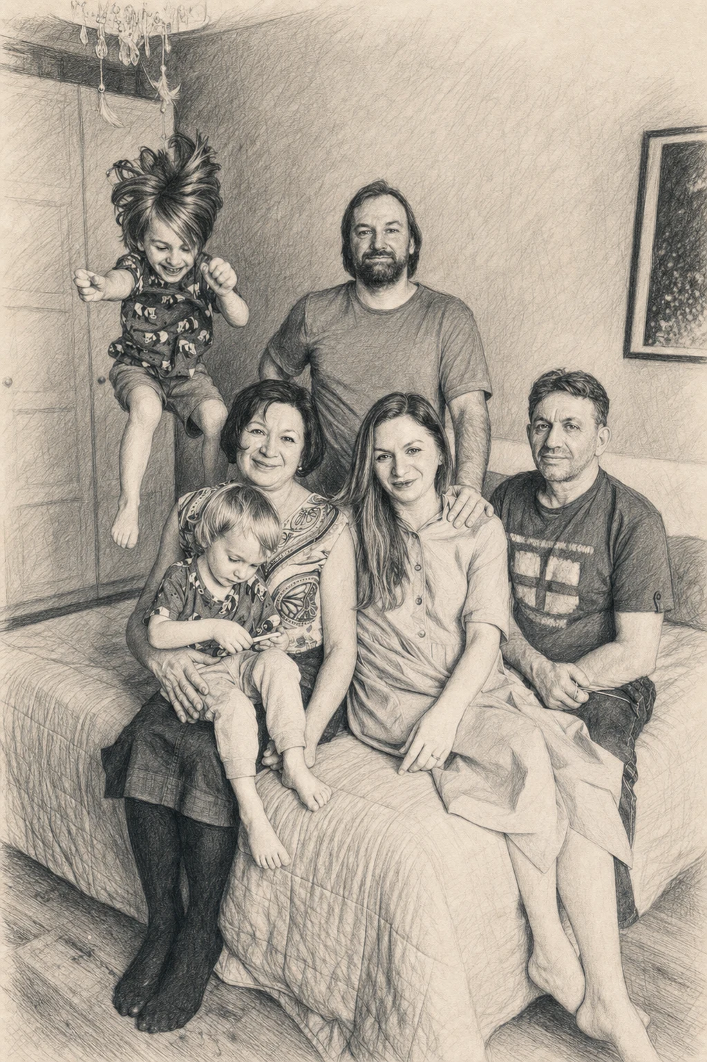 Pencil Keepsake portrait made from large family relaxing together at home