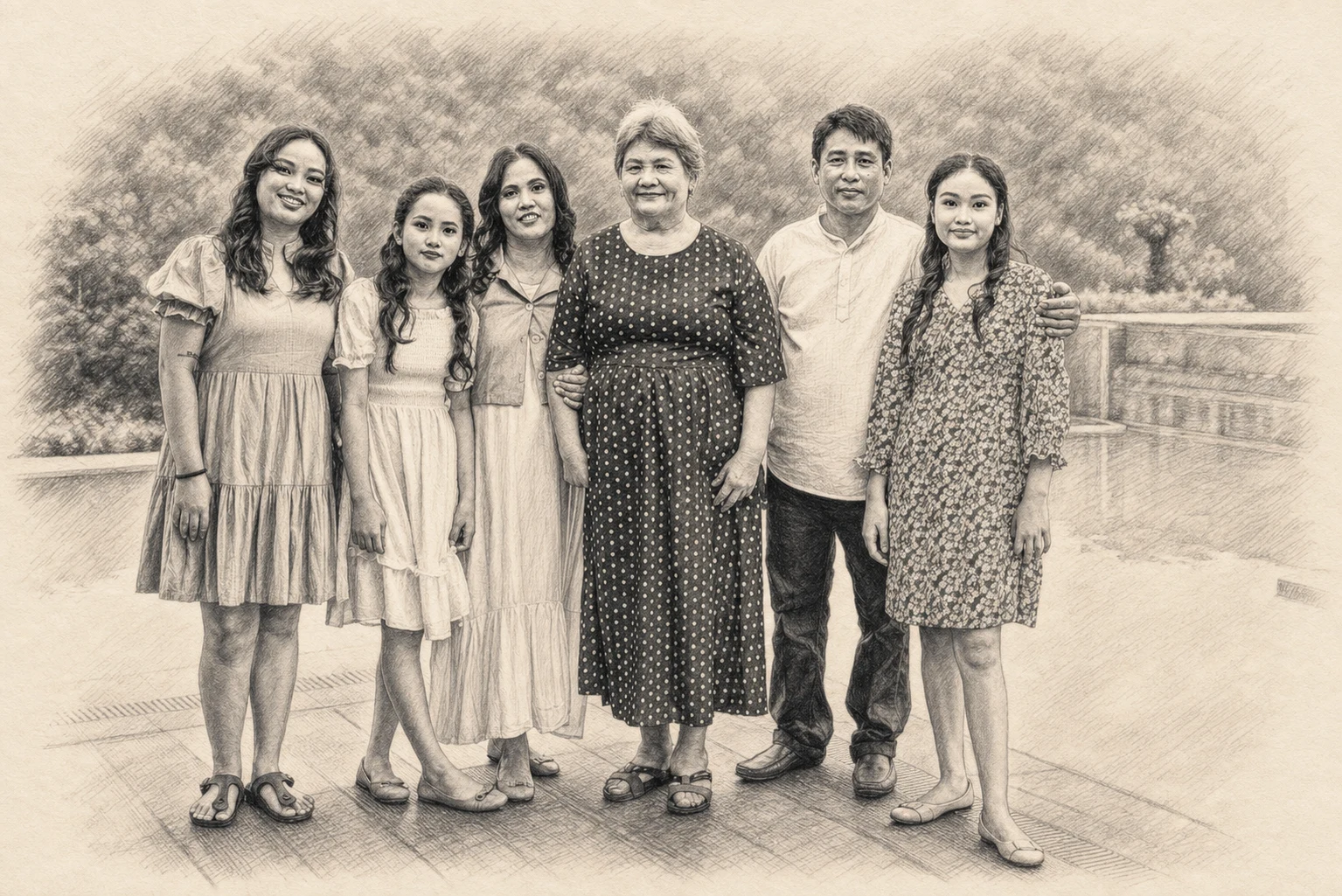 Pencil Keepsake portrait made from six-person multigenerational family portrait