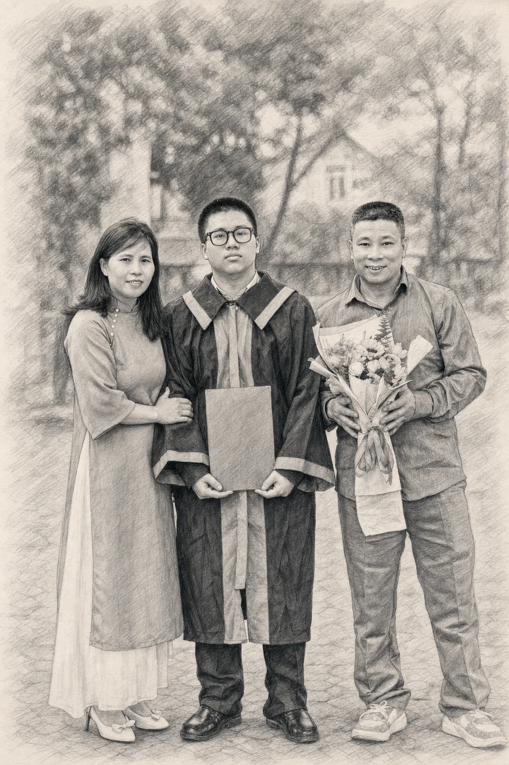Pencil Keepsake portrait made from high-school graduate celebrating with family