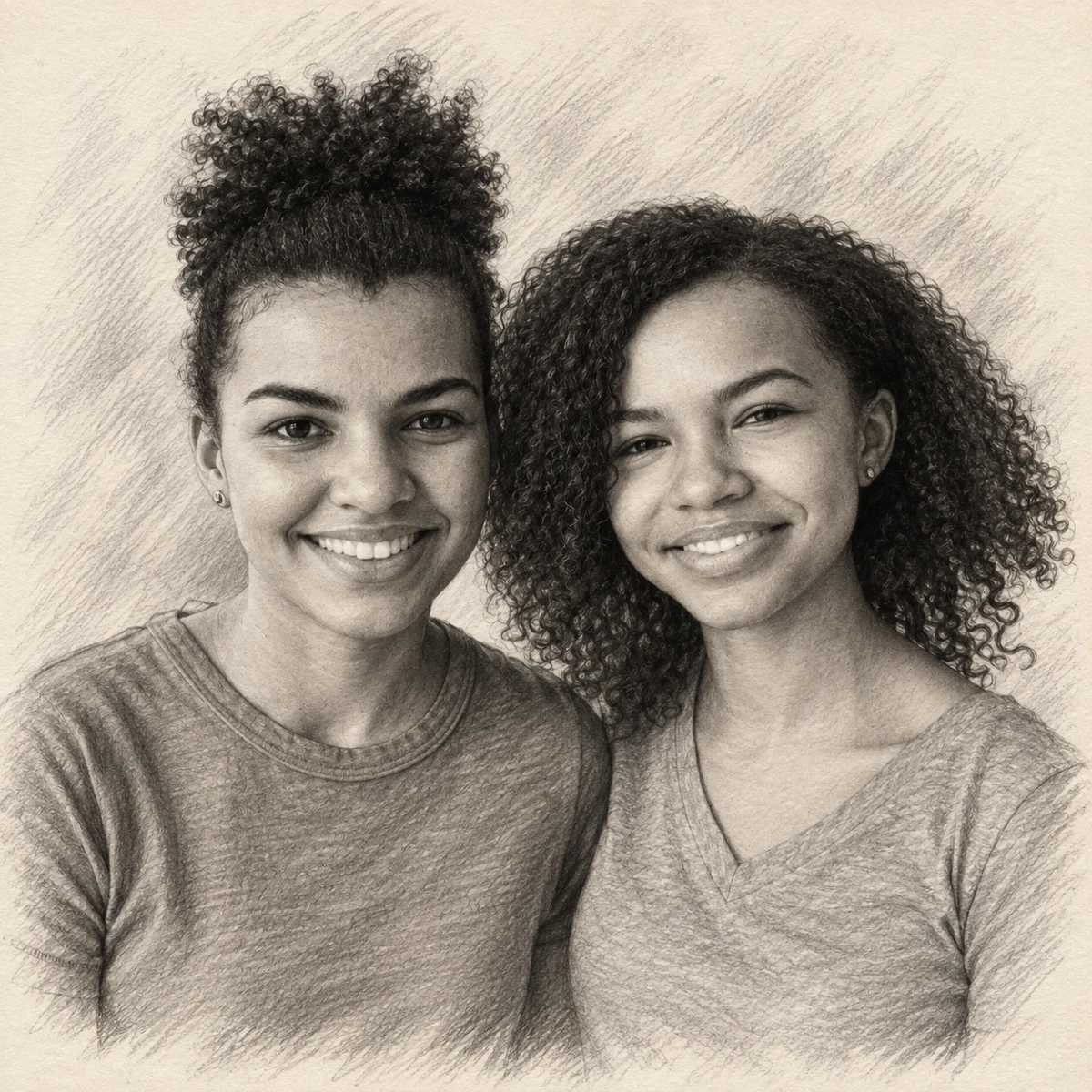 Pencil Keepsake portrait made from mother and daughter smiling together at home