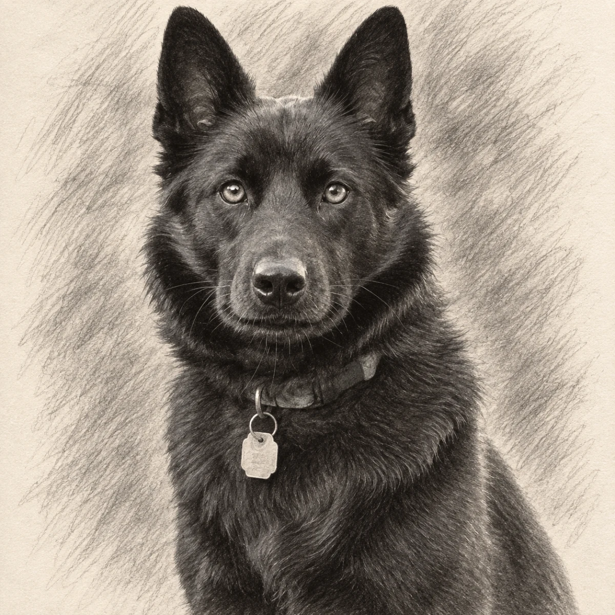 Pencil Keepsake portrait made from black dog sitting in a sunlit garden