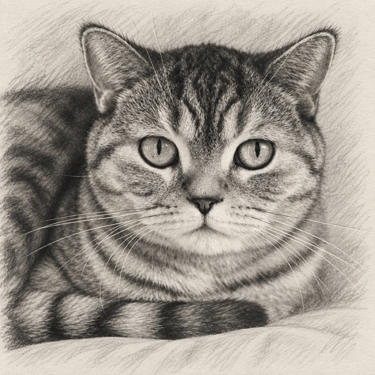 Pencil Keepsake portrait made from tabby cat resting on a sofa at home
