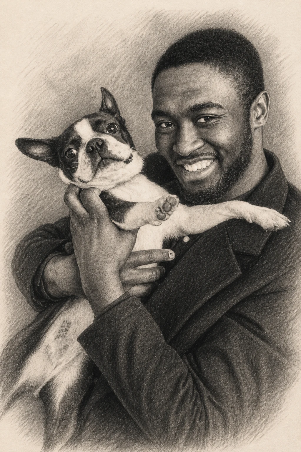 Pencil Keepsake portrait made from man hugging his boston terrier