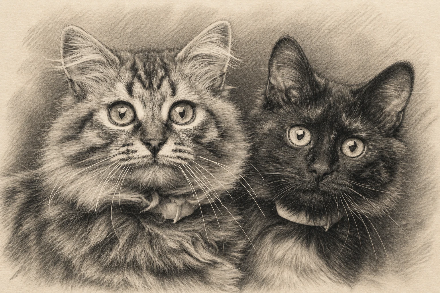 Pencil Keepsake portrait made from two fluffy cats in a close portrait