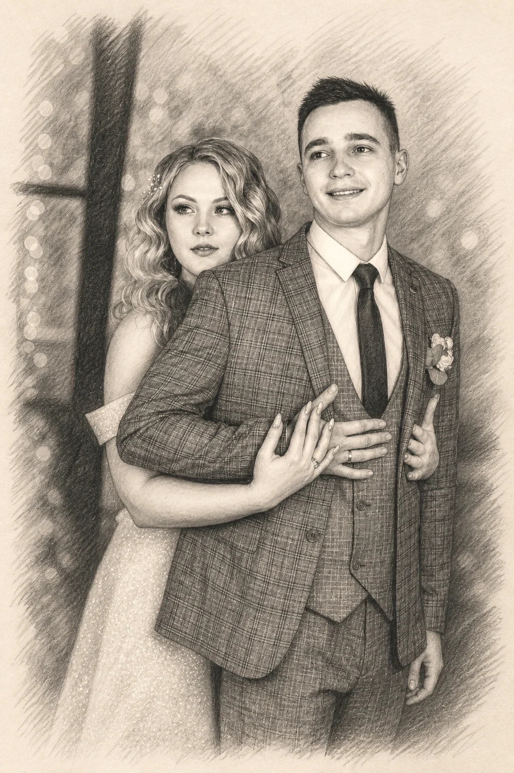 Pencil Keepsake portrait made from newlywed couple in contemporary formalwear