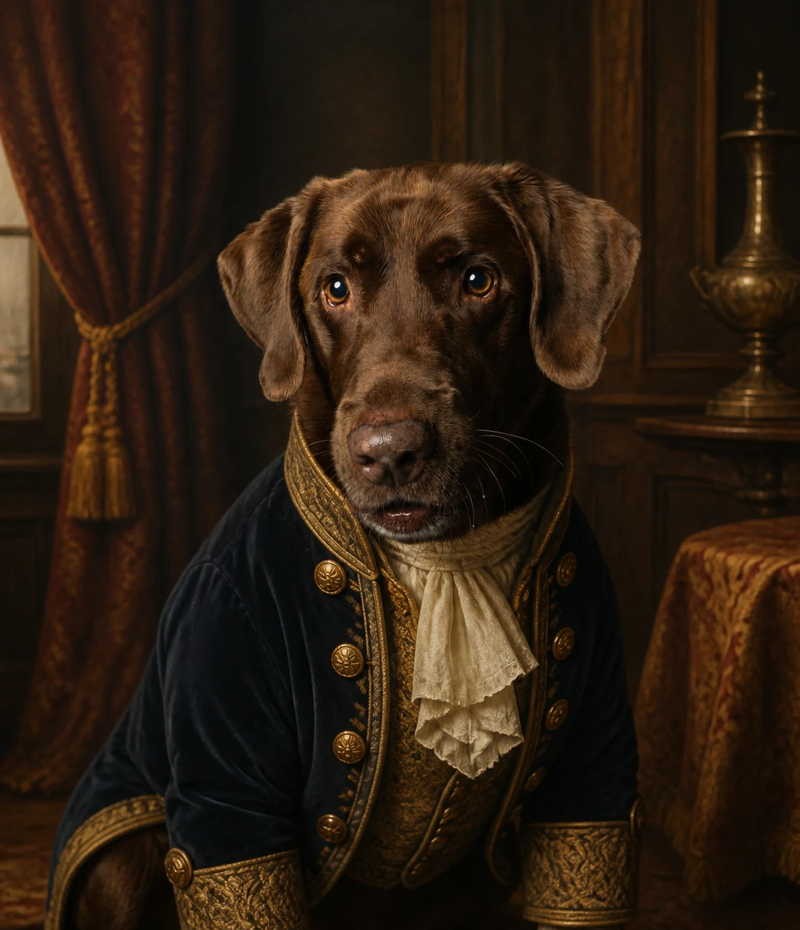 Royal Heritage portrait made from chocolate labrador close-up studio portrait