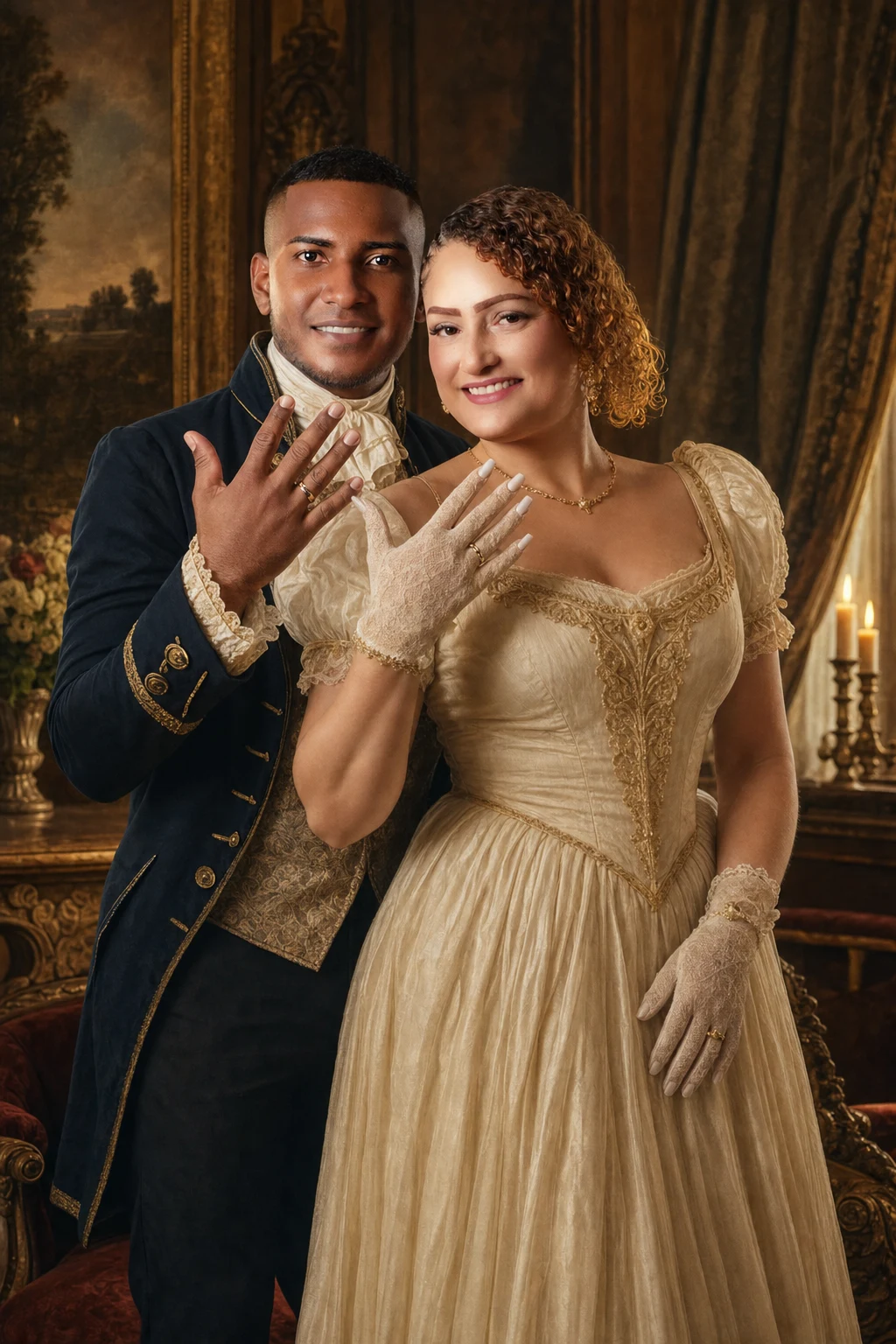 Royal Heritage portrait made from engaged couple celebrating in elegant attire