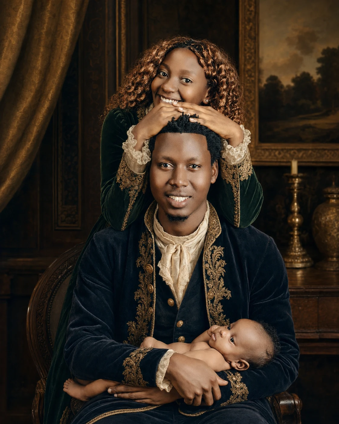 Royal Heritage portrait made from parents posing with their newborn baby