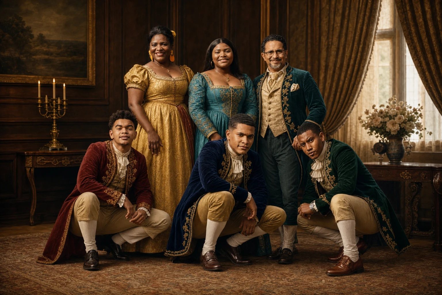 Royal Heritage portrait made from large family group wearing traditional clothing