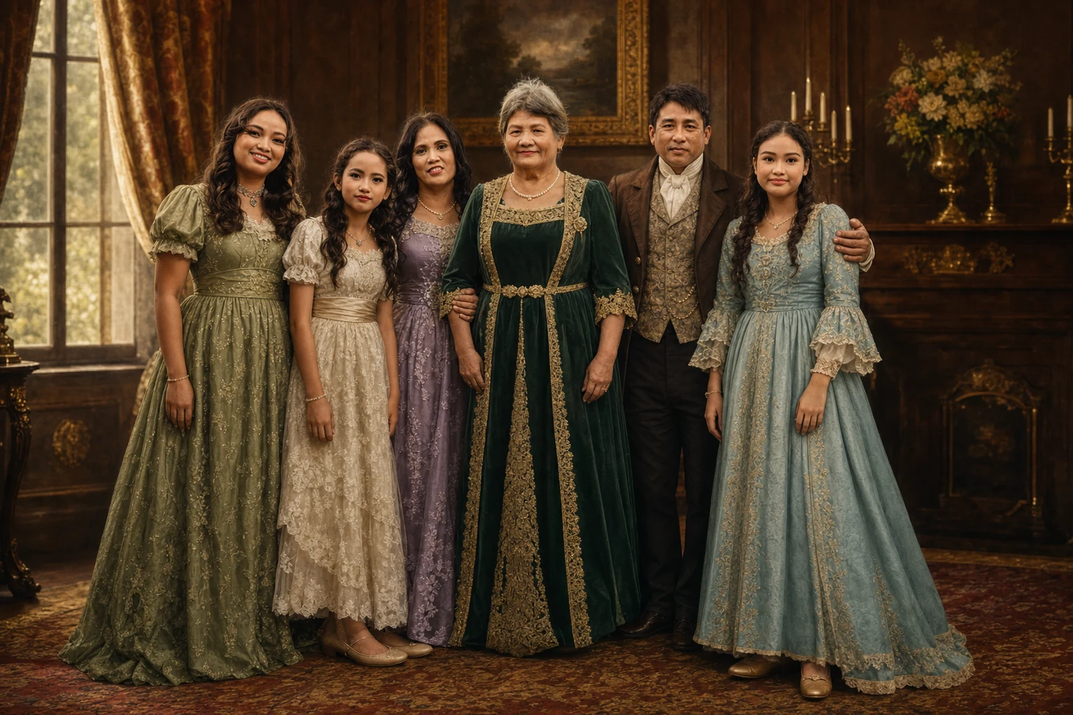 Royal Heritage portrait made from six-person multigenerational family portrait