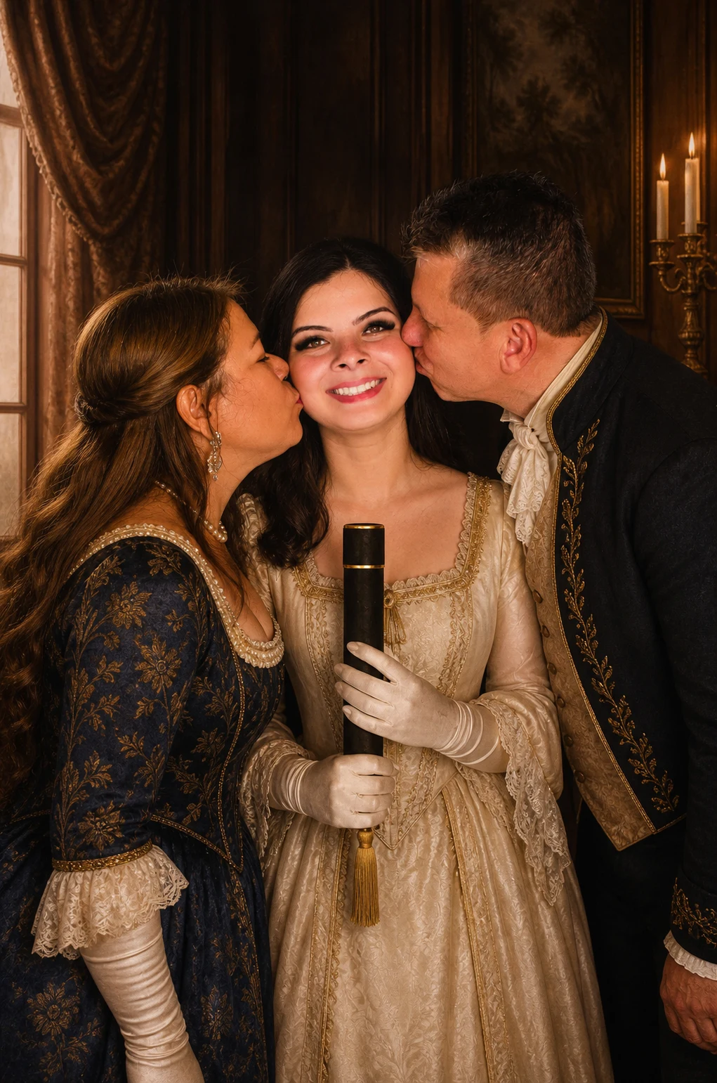 Royal Heritage portrait made from doctor graduate being kissed by proud parents