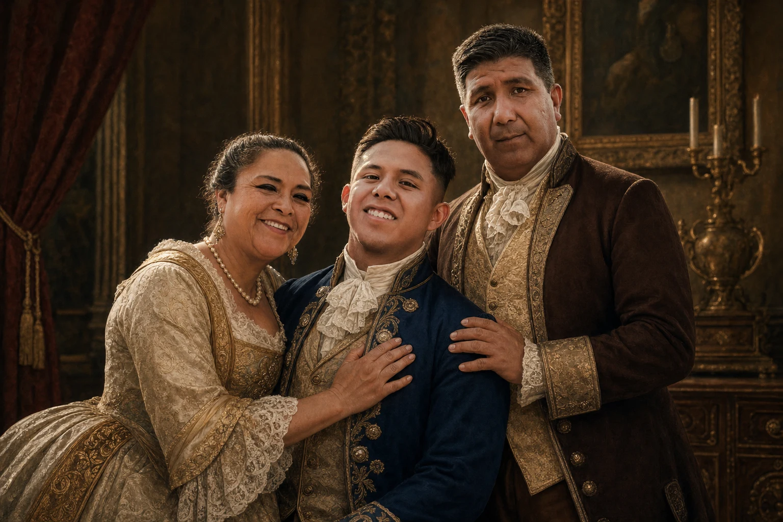 Royal Heritage portrait made from graduate embraced by both parents