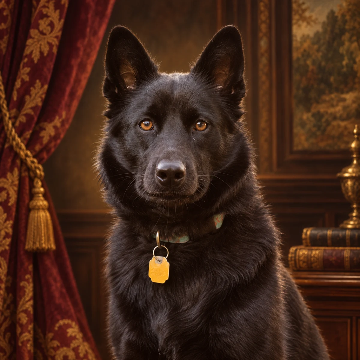 Royal Heritage portrait made from black dog sitting in a sunlit garden