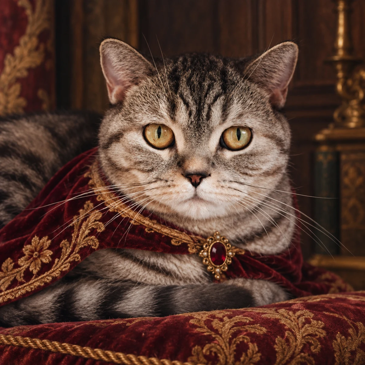 Royal Heritage portrait made from tabby cat resting on a sofa at home