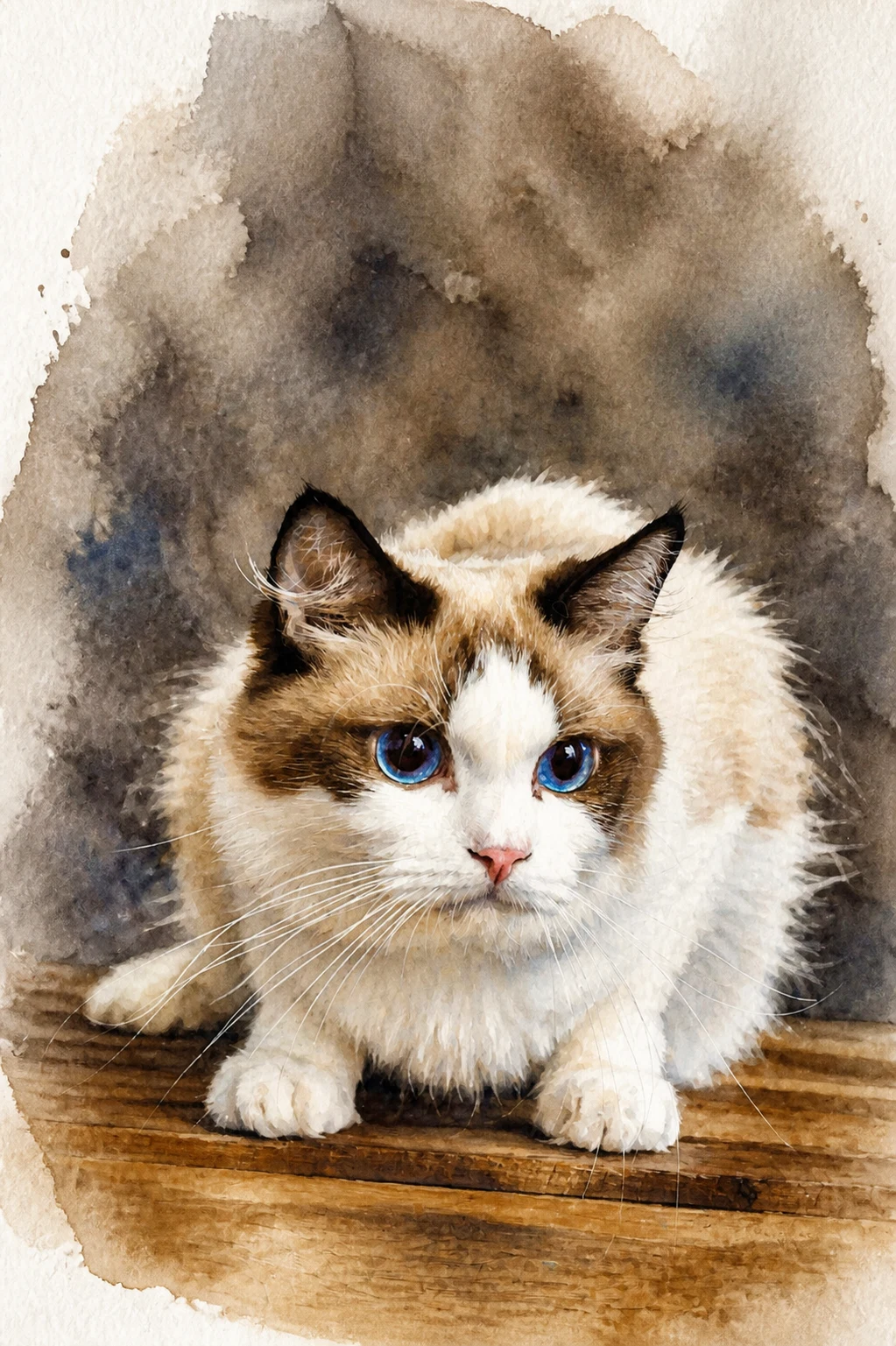 Signature Watercolor portrait made from blue-eyed ragdoll cat studio portrait