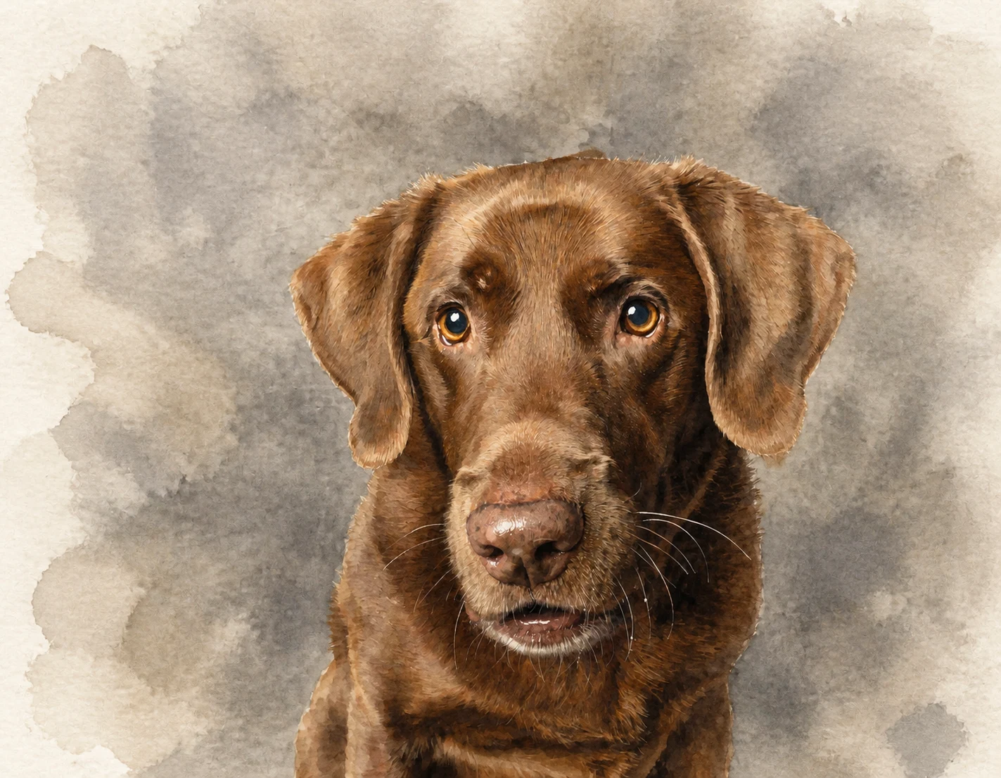 Signature Watercolor portrait made from chocolate labrador close-up studio portrait
