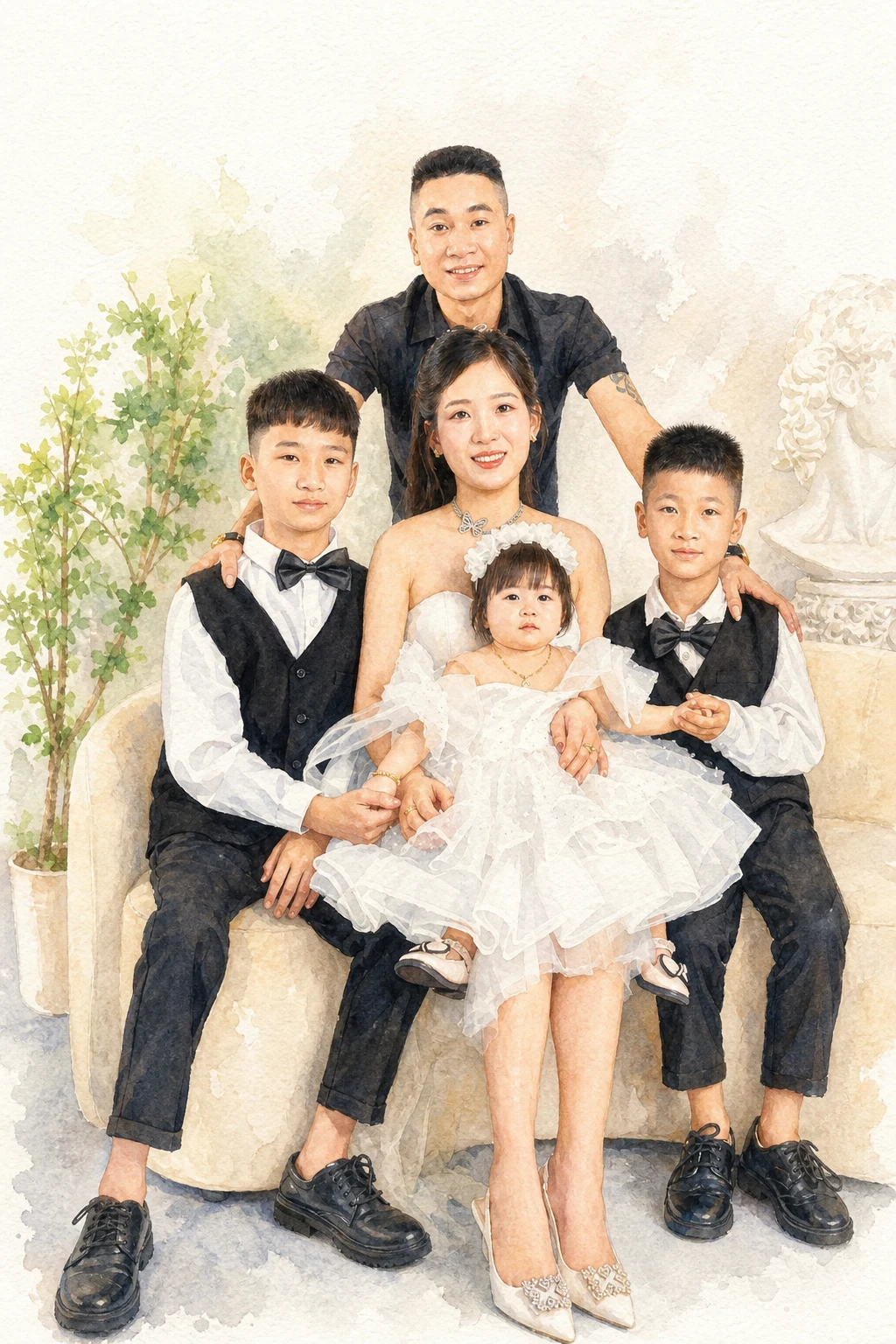 Signature Watercolor portrait made from formal family portrait with five people
