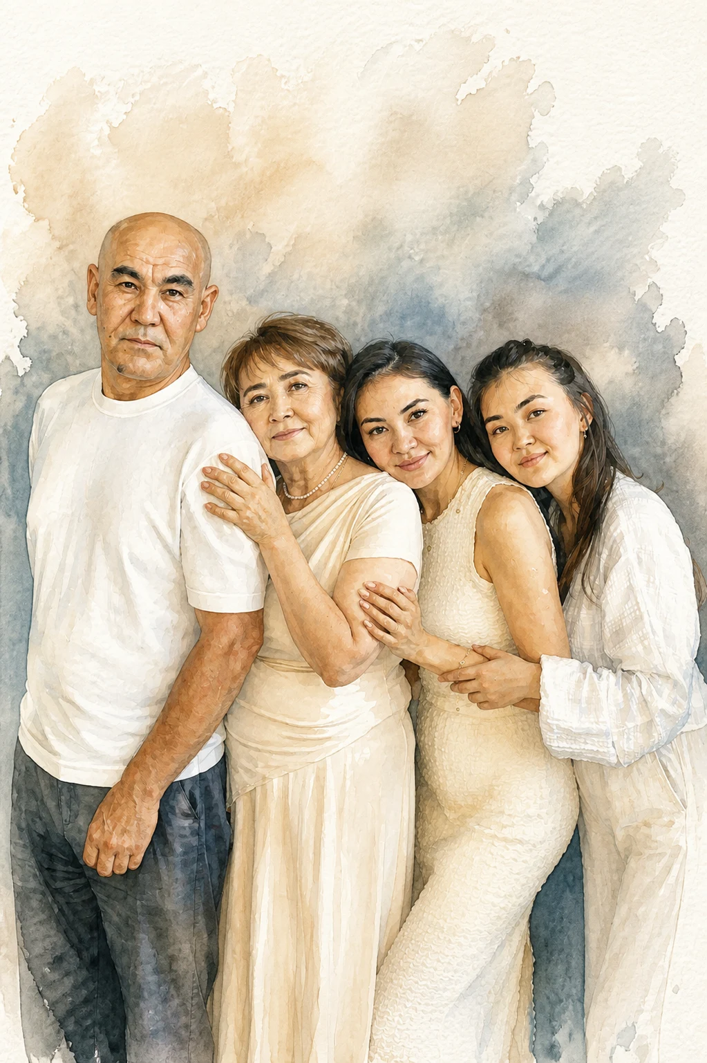 Signature Watercolor portrait made from multigenerational family portrait with four people