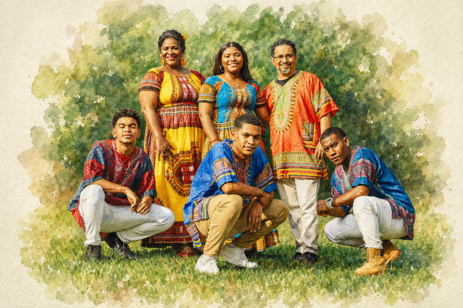 Signature Watercolor portrait made from large family group wearing traditional clothing