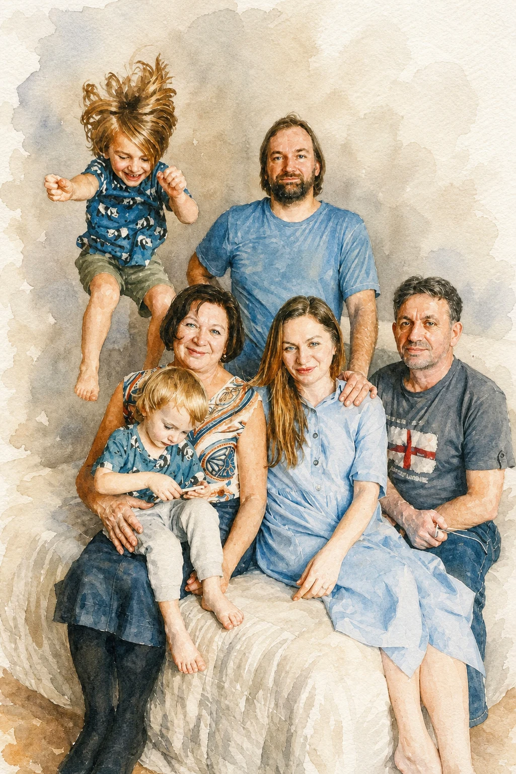 Signature Watercolor portrait made from large family relaxing together at home